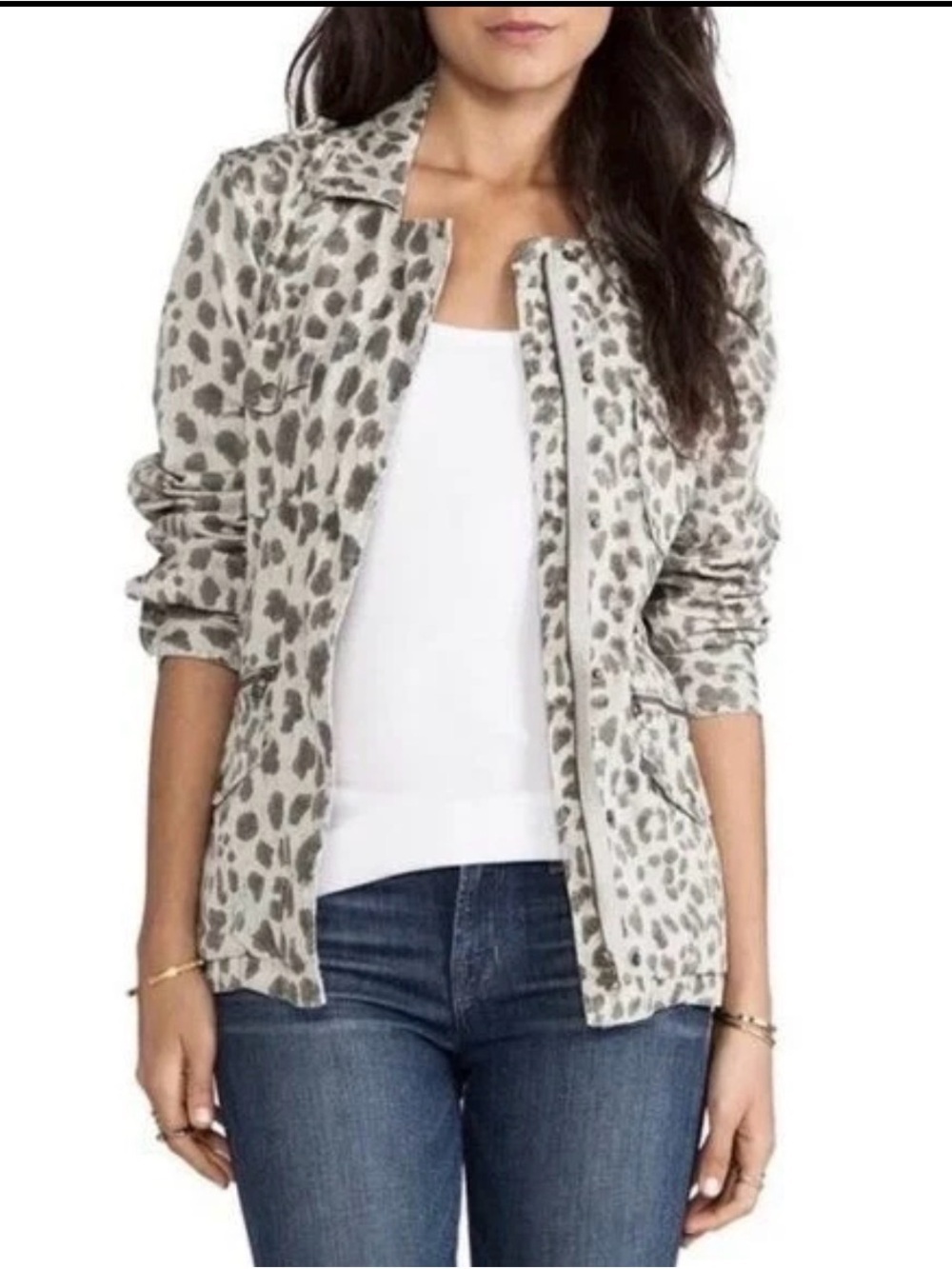 Lily Aldridge For Velvet Military Jacket Gray Leopard Animal Print Sz S
